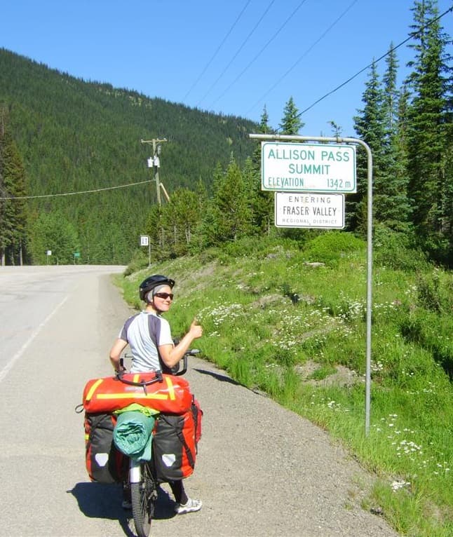 Day_61_-_Leigh_with_the_bike_at_Allison_Pass_summit